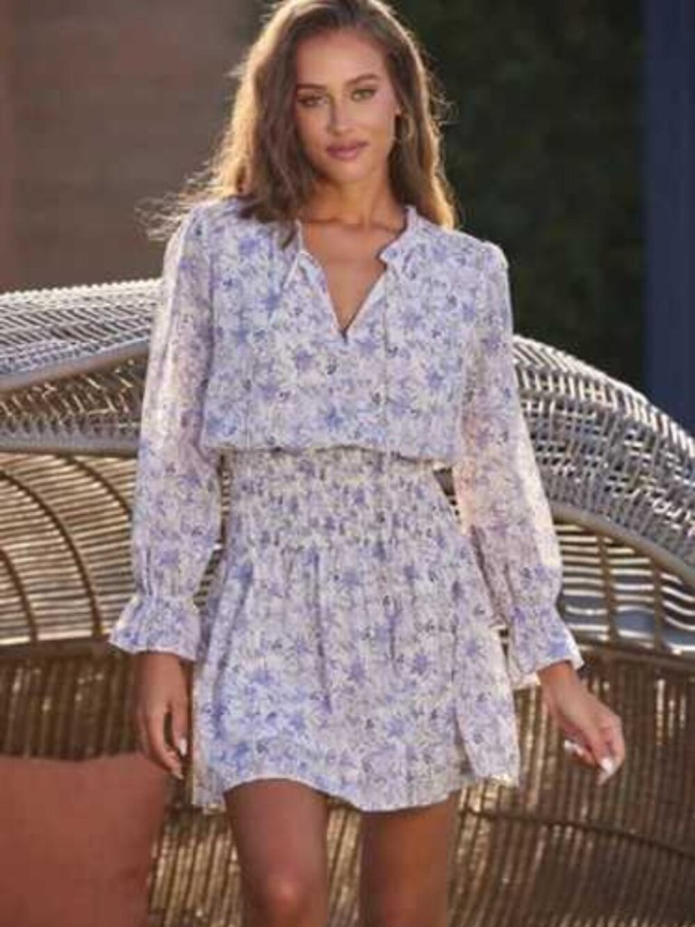 Bishopyoung Light Purple and Cream Smocked Waist Long Sleeve Dress Size L